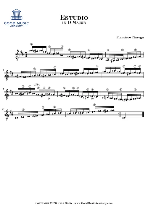 Estudio, in D Major by Tárrega classical guitar sheet music preview