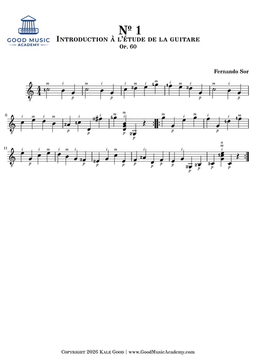 № 1, Introduction à l'étude de la guitare (Op. 60) by Sor classical guitar sheet music preview